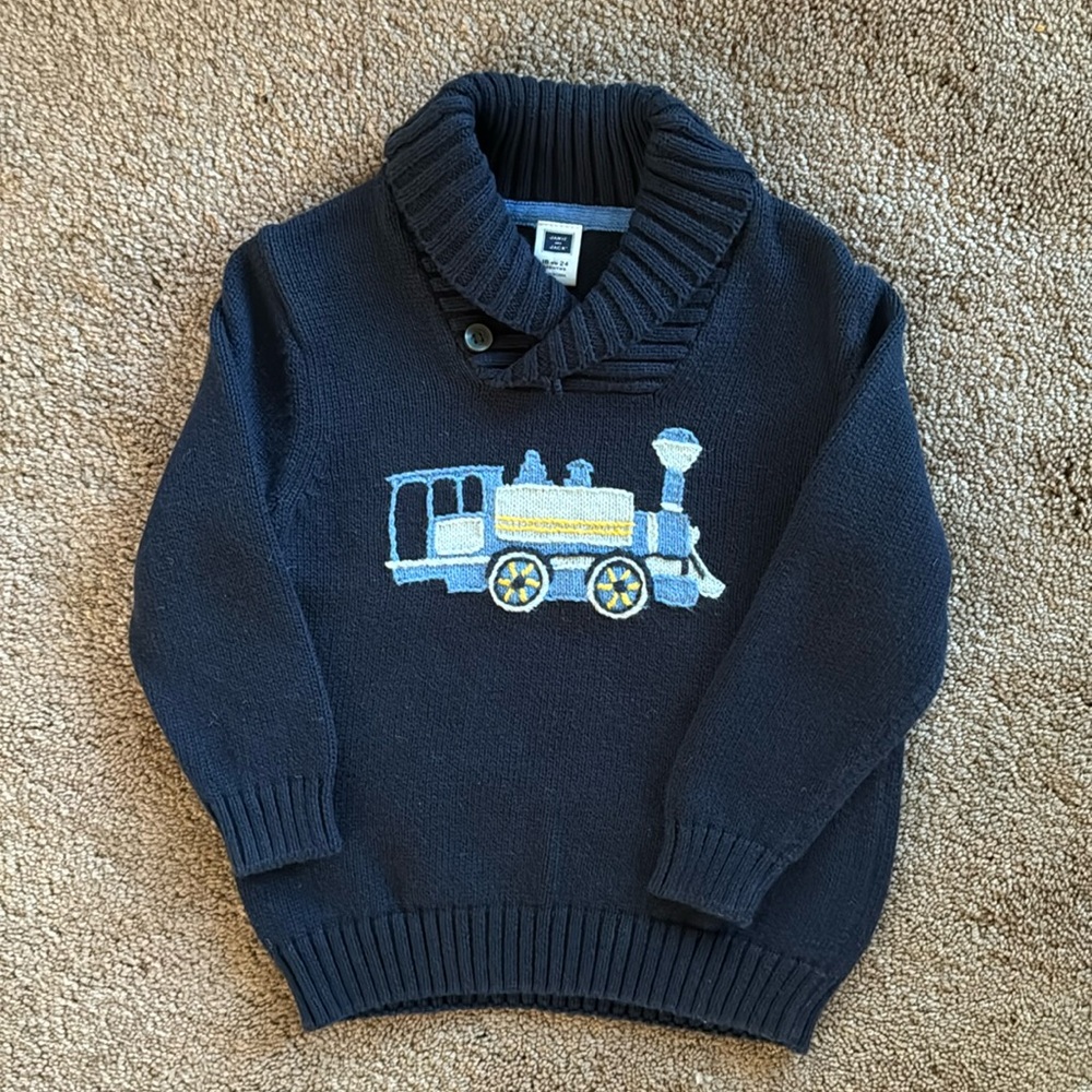 Janie and Jack Navy Blue Shawl Collar Sweater with Train Appliqué